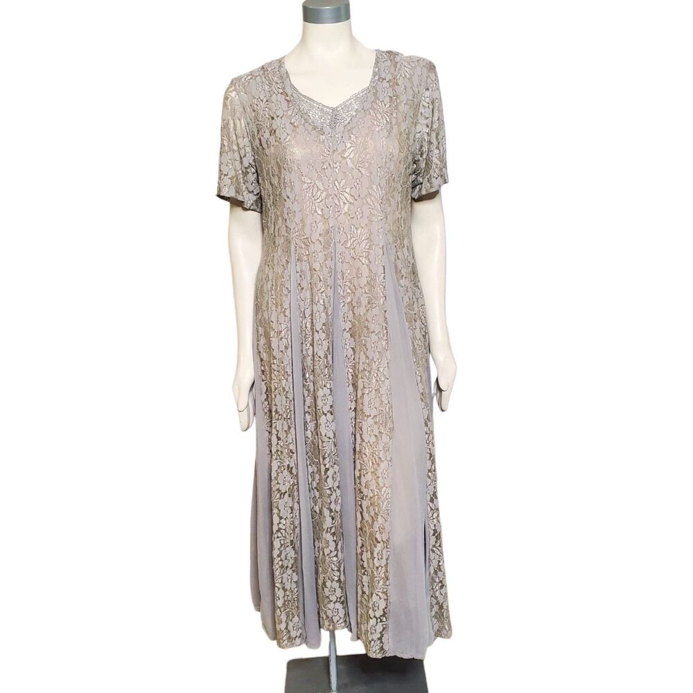 Vintage 80s She Fashions Floral Lace Dress Size M Pleated Panel Beige Womens